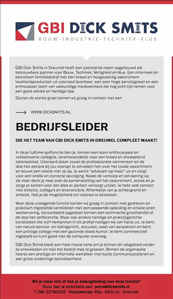 Vacature Bedrijfsleider GBI Dick Smits 2024